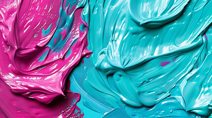 Detailed view of colorful acrylic paint in turquoise and magenta, emphasizing the paint's thick, creamy texture.