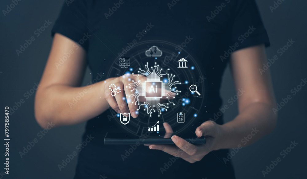 Poster businessmen use ai technology to help in their work.big data technology and new business process str