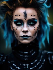 a woman with blue hair and blue eyes