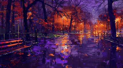 Vibrant hues on wet asphalt in a lonely park at night, rendered in expressionist style.
