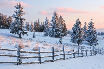 Winter Sunset Over Snow-Covered Pine Trees and Wooden Fence in Mountain Landscape