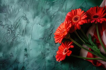 Bouquet of red gerberas on a green background. Copy space