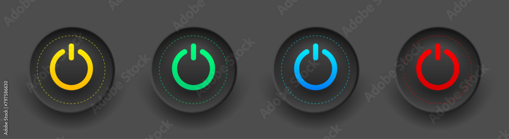 Poster Set of black round buttons with colored power symbols. User interface elements for mobile devices, UI, UX.