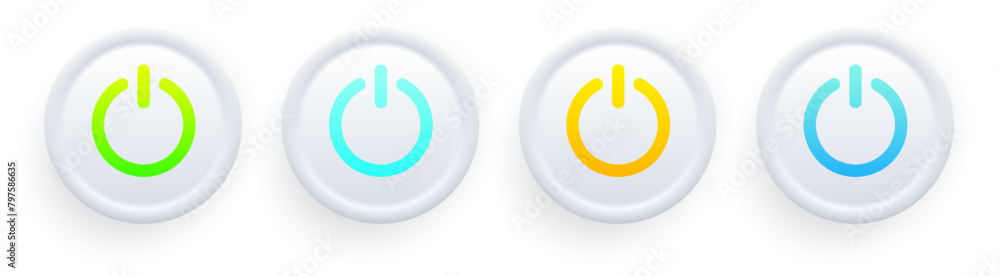 Poster Set of white round buttons with colored power symbols. User interface elements for mobile devices, UI, UX.