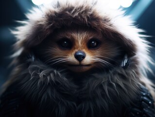 a furry animal wearing a hood