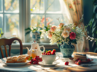 Sunny breakfast table with pastries and fresh strawberries, charming flowers in a vase, copy space