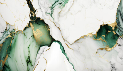 White and green marble background with gold splashes

