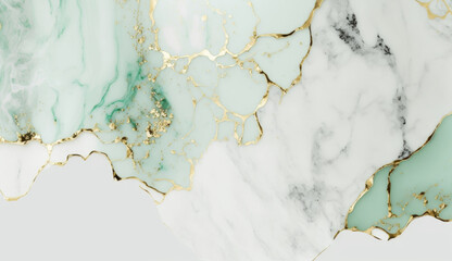 White and green marble background with gold splashes

