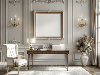 Glamorous Elegance: Luxury Home Office with Crystal-Encrusted White Frame Mockup