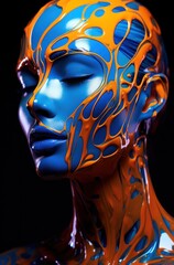 a woman with blue and orange paint on her face