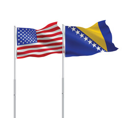 American and Bosnian flags together.USA,Bosnia and Herzegovina flags on pole