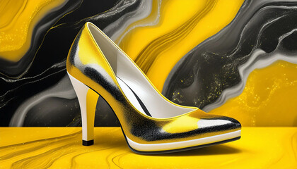 Fashionable black and yellow high heel with glossy finish