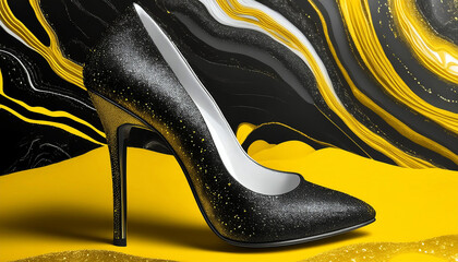 Closeup of elegant black high heel for evening wear on display in showroom