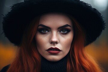 a woman with red hair and black hat