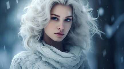 a woman with white hair and blue eyes