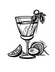 Aperitif. Glass with wine and olives. Black and white outline on white background. Hatching