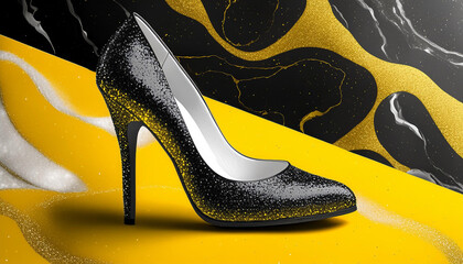 Yellow and black heel dress shoe on display