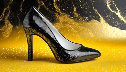 Luxurious black textured high heel on display in front of an abstract marble background