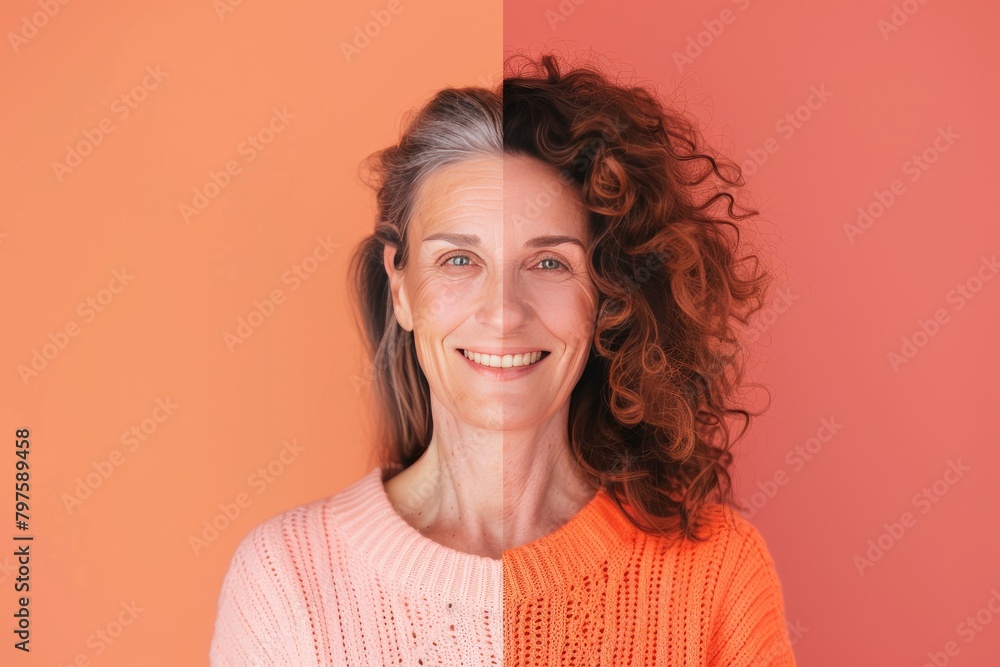 Poster time perceptions in aging care techniques contrast with visual aging representations on white backgr