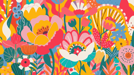 Assorted colorful floral pattern with various flowers and leaves. Vibrant Vector flat design illustration for wallpaper, textile, and wrapping paper. Full frame with no copy space