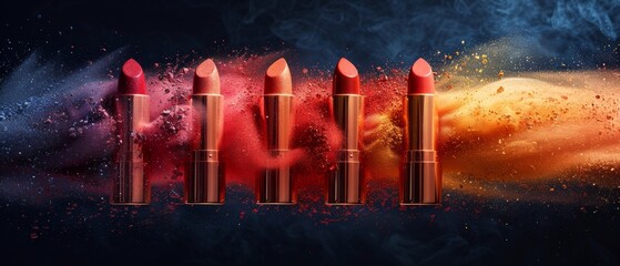 Luxurious magazine ad: lipsticks in warm tones against dark background. Pigments explode, creamy texture highlighted. Dramatic lighting. Plenty of copy space for branding. Ideal for cosmetic campaign.
