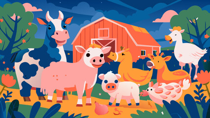 Vibrant Cartoon Farm Scene with Cute Animals and Barn. Vibrant cartoon illustration for children's book, educational materials, and playful decor with copy space