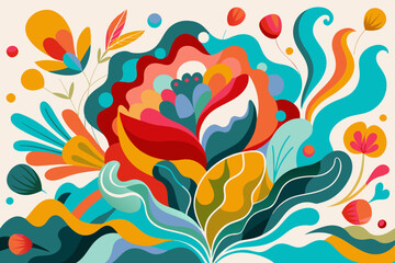 Obraz premium Vibrant Floral Abstract Artwork with Colorful Design Elements. Vector illustration with vibrant colors. Floral design concept for posters, greeting cards, and invitations. Flat composition with a plac