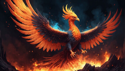 Striking digital illustration of a mythical phoenix rising from fiery ashes in a surreal, abstract realm.