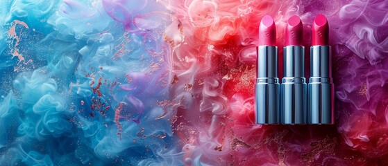 Banner-sized of pastel lipsticks in watercolor style for high-end beauty mag. Lipsticks, creamy...