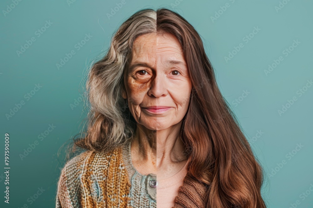 Poster features of aging chin shapes contrast with white-haired aging identities, expressing transformation