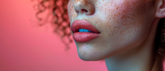 fashion magazine banner: model in pastel lipstick. Precision studio lighting highlights vivid color. Blurred background, ample copy space. Ideal for cosmetic ad campaign or feature article.