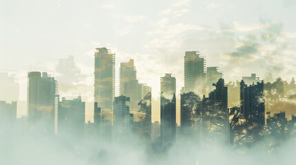 double exposure image showing a city skyline blended with smoggy air can highlight both the cause (air pollution) and its effect (harmful effects on human health and environment). Climate crisis