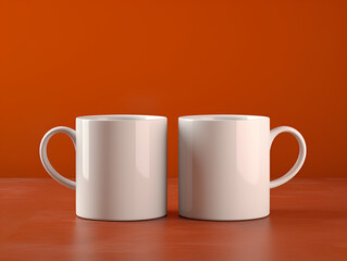 Two white vibrent color modern mug mockup on clean orange background, 3d render 4k, 8k, clean, high resolution, realistic