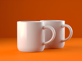 Two white vibrent color modern mug mockup on clean orange background, 3d render 4k, 8k, clean, high resolution, realistic
