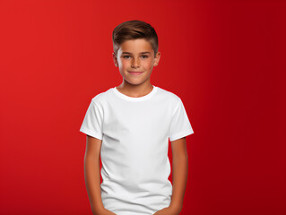 a young boy wear white T Shirt mockup on Red clean background