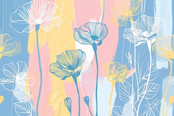 flowers line art pattern, pastel colors, pink and blue background