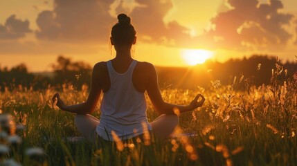 a young woman practice yoga at sunrise. generative ai