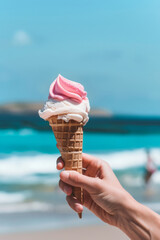 Beachside Refreshment: Ice Cream Cone Against Ocean
