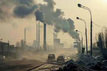 Industrial Smokestacks Emitting Pollution in City