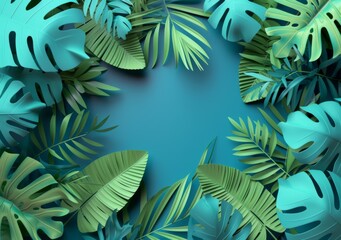 Naklejka premium Tropical plants frame the background with copy space in the middle