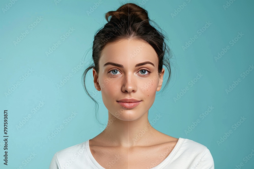 Poster visual aging transformations and dermatological treatments combine age defying time effects in portr