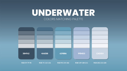 Color palette guide in Underwater colour theme collections. Color inspiration or chart with codes template. Color combination RGB. Colors swatches for graphic design, art, fashion or painting. Vector.
