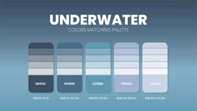 Color palette guide in Underwater colour theme collections. Color inspiration or chart with codes template. Color combination RGB. Colors swatches for graphic design, art, fashion or painting. Vector.