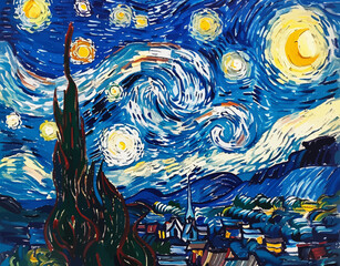 a painting of a starry night with a tree in the foreground
