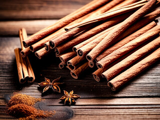 Closeup of Sri lankan cinnamon sticks on wooden table, top view. Rustic style natural spices of ceylon cinnamon sticks for advertising banner or poster. Delicious healthy concept. Copy ad text space