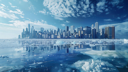 sea ice floes seen breaking up and melting leading into an atmospheric moody horizon with sunset. Melting icecaps. Climate crisis emergency