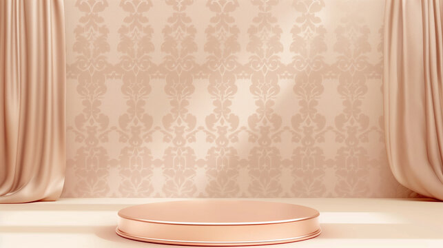 Delicate damask patterned walls and elegant rose gold podium and curtains
