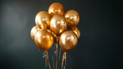 A cluster of gold helium balloons with cascading ribbons floating in the air