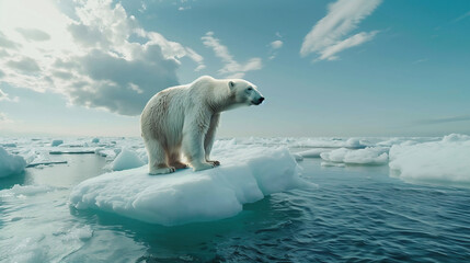 a polar bear stranded on melting ice. Climate crisis - obrazy, fototapety, plakaty