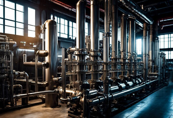 Industrial interior of water pumps, valves, pressure gauges, motors inside engine room. Industry pump in an technical room, urban modern powerful pipelines, automatic control systems. Copy space